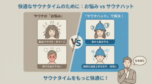サウナハットおすすめ記事の導入図。髪のダメージやのぼせの悩みとサウナハットで解決できるポイントを対比で説明した図解