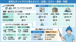 自宅サウナ完全ガイド2025で分かる内容を一枚に整理した概要インフォグラフィック（自宅サウナ・テントサウナ）