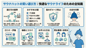 サウナハットおすすめ記事で得られる8つのポイントをカード形式で整理した図解。選び方や髪のダメージ防止などの内容を一覧化