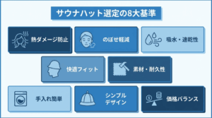 サウナハットおすすめ記事の選定基準を8項目に整理した図解。髪のダメージ防止やのぼせ対策など重視ポイントを一覧で説明
