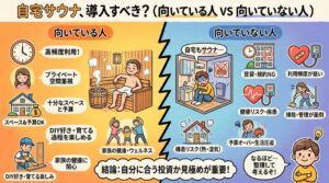 自宅サウナ導入をおすすめできる人と慎重にすべき人の特徴を左右で比較したチェックリスト図
