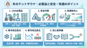 冬のテントサウナ必需品15選の記事から得られる5つのポイントを整理した図解リスト