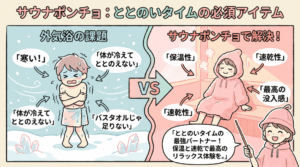 外気浴で冷えやすいサウナ女子の悩みとサウナポンチョで暖かくととのう様子を対比した図解