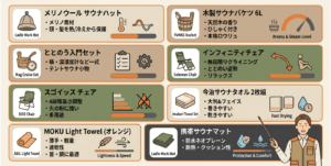 冬のテントサウナ必需品15選をまとめたサウナグッズ商品比較早見表図解2